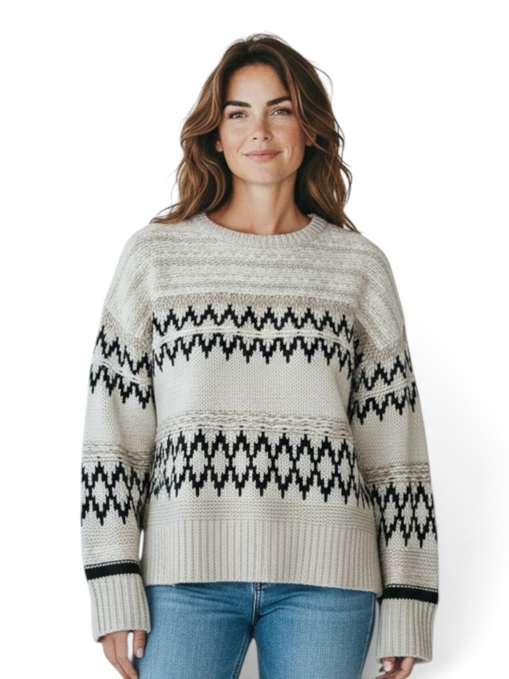 Skies Are Blue Ivory & Black Fair Isle
Crewneck Sweater SZ M Nordic Alpine cozy